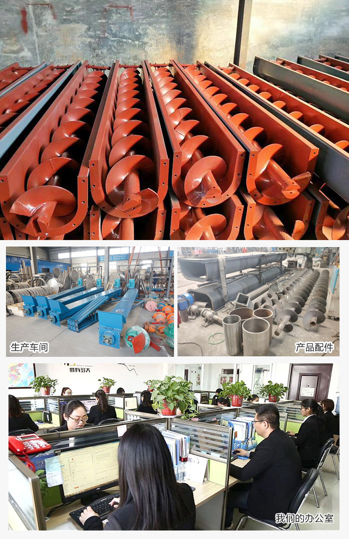 絞龍螺旋輸送機產(chǎn)品，廠區(qū)，以及辦公場地展示圖。